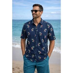 Denim & Flower Flamingo Christmas Shirt XL Navy Palm Tree Santa Print Cotton